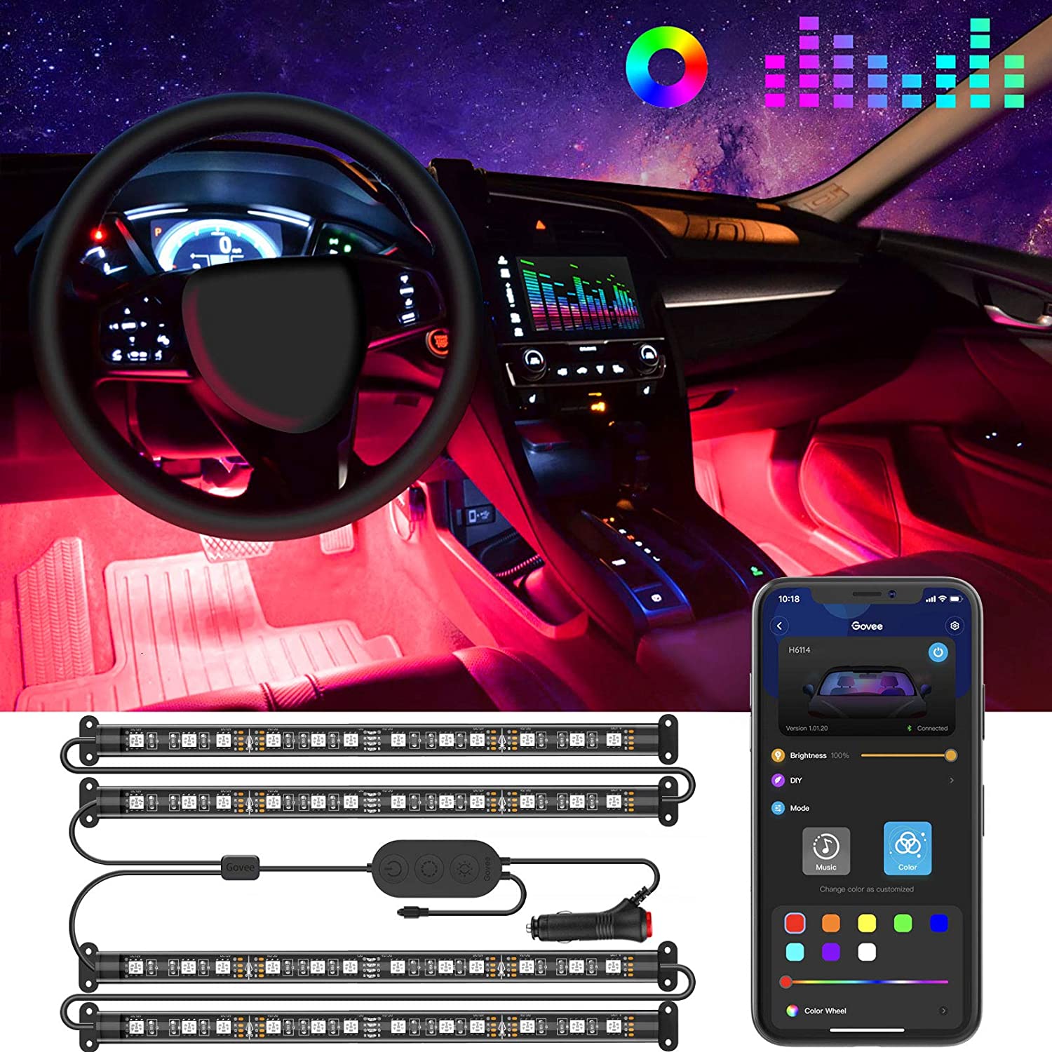 Car Charger Included LivTee 12V Interior Car Lights Newest Two-Line Design 4pcs 48 LED Multi DIY Color Music Under Dash Car Lighting Waterproof Kits with Wireless Remote & APP Control 